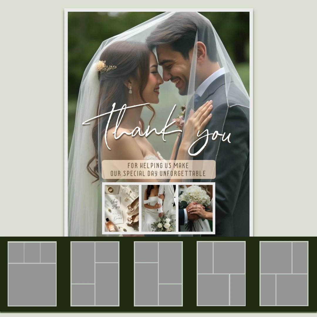 A wedding thank-you card with a couple under a veil and text overlay, plus negative film strips below.