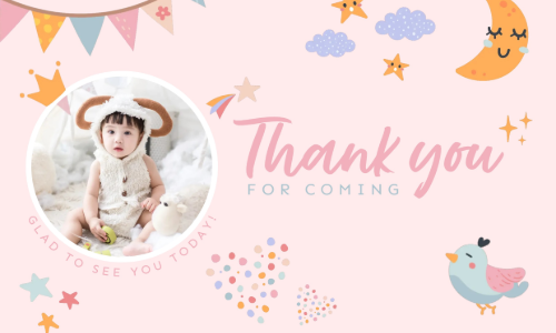 Birthday thank you card with pastel design. Cake slice photo, bunting flags, and confetti. Text thanks guests for attending. From Kate Wilkinson. Playful illustrations of cake, gift, and party elements.