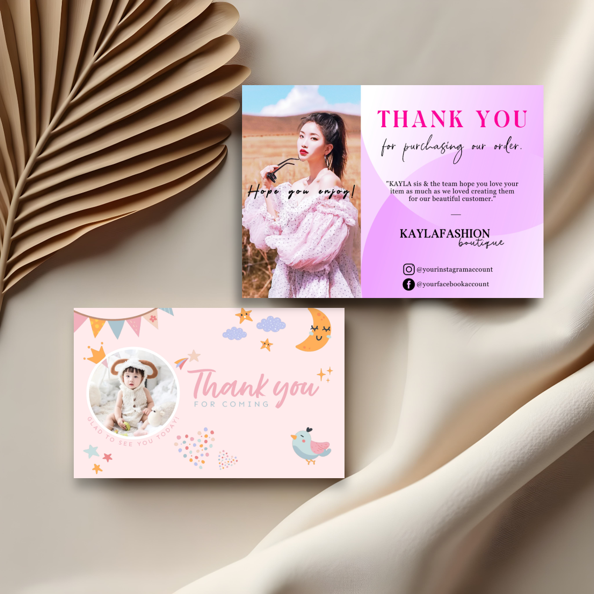 Two thank you cards on beige fabric. Top card for Kayla Fashion boutique with model photo. Bottom card for baby event with cute illustrations. Palm leaf decor in upper left corner.
