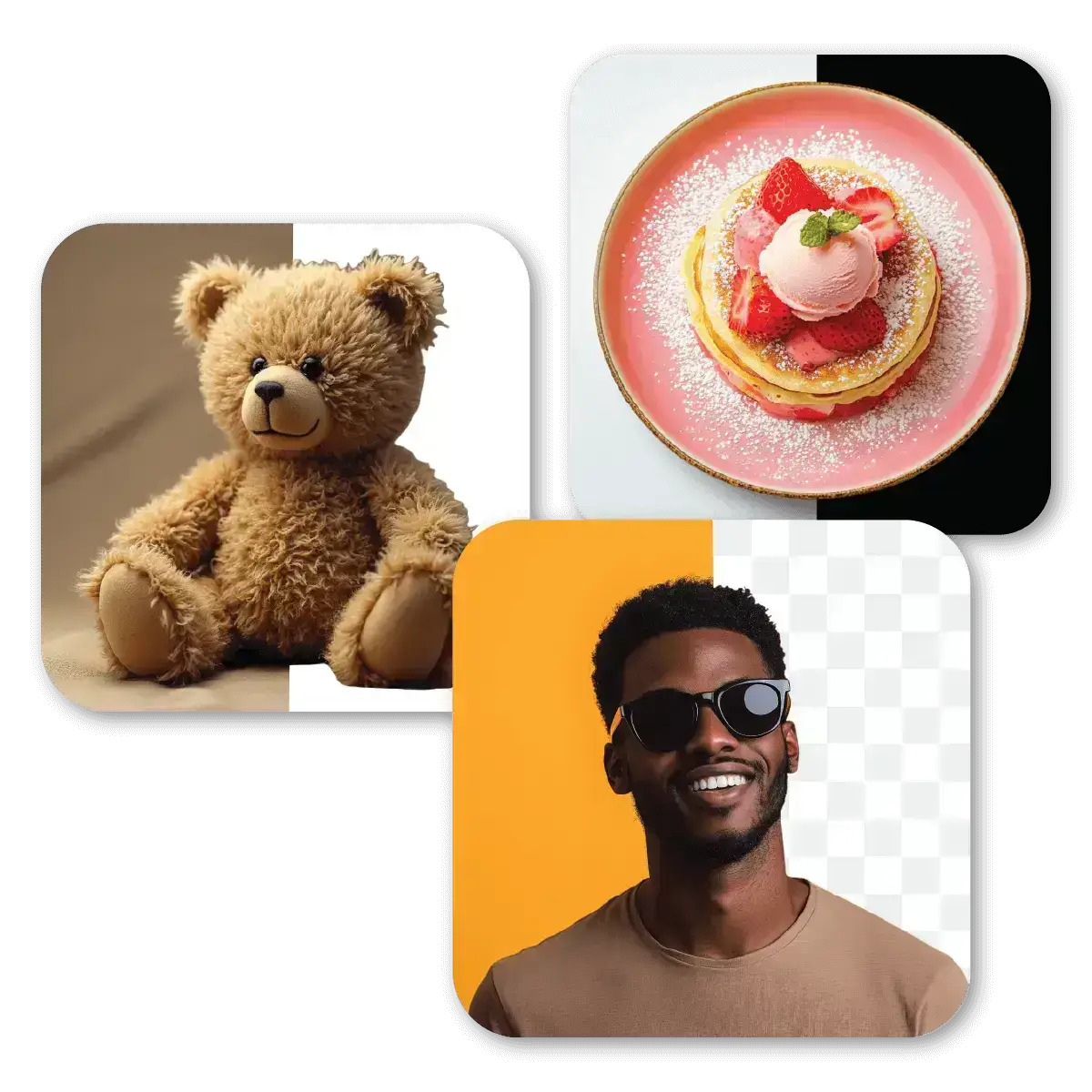 Teddy bear on the left and a plate with pancakes and strawberry topping on the right, and a person at the bottom