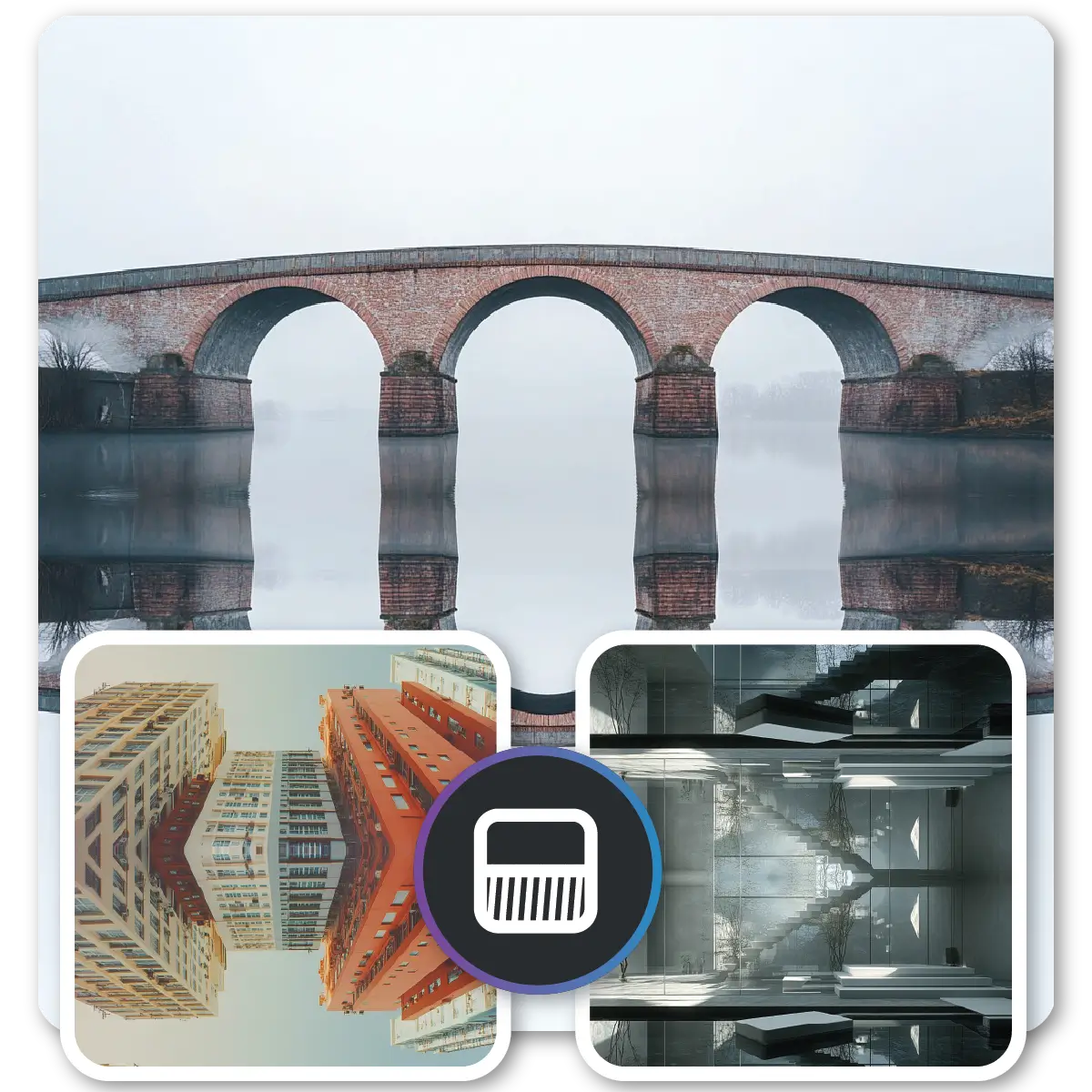 Collage of three images showing an arch bridge, an upside-down cityscape, and a delete button symbol.