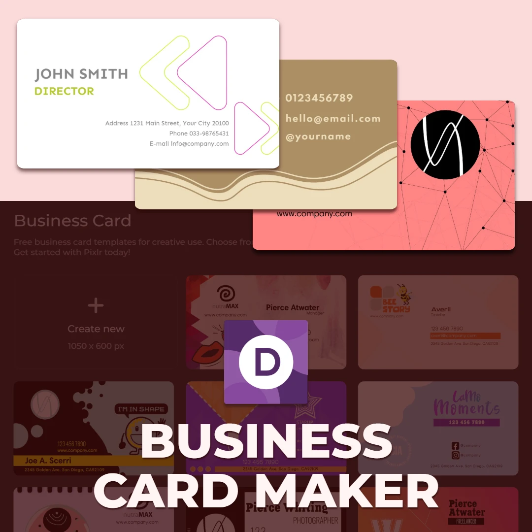 Interface for Pixlr Designer, an online business card maker, displaying various business card templates and design options. 