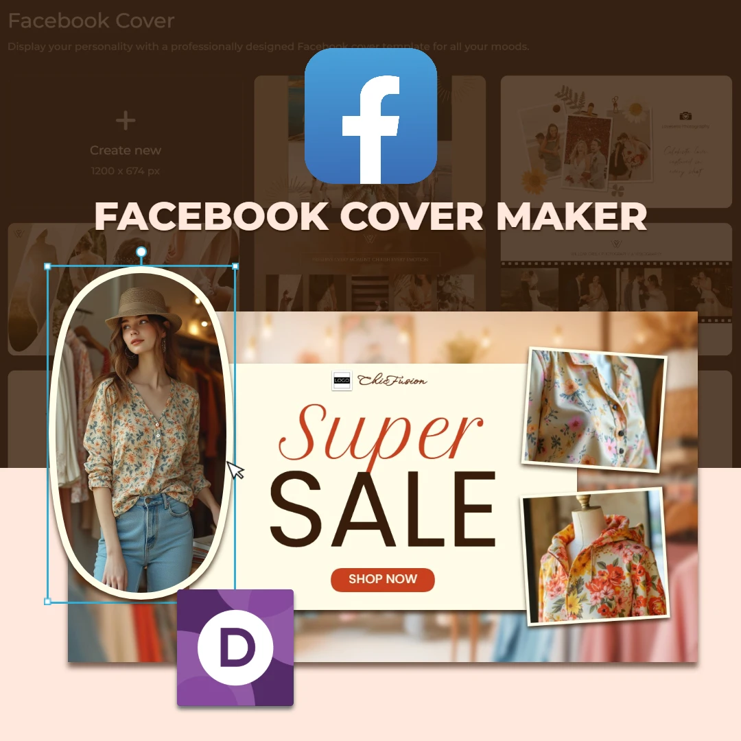 Screenshot of a Facebook cover maker interface with templates, a 