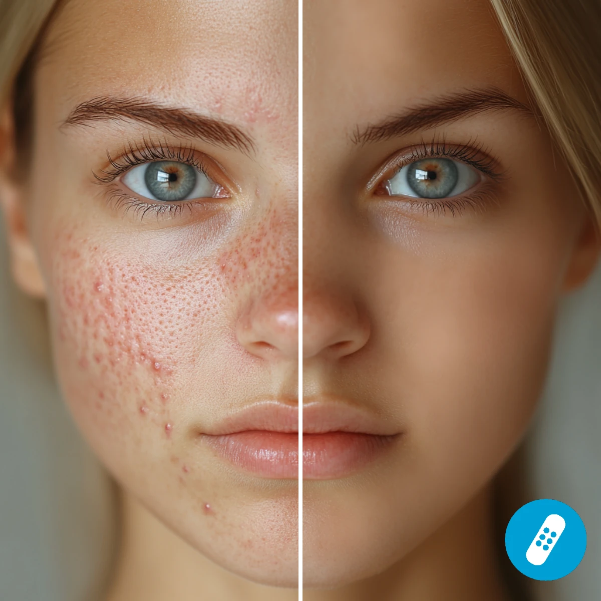 Split face close up Green eyes Freckles and acne on left Clear skin on right Blonde hair visible Retouch button Photo editing comparison Natural versus edited