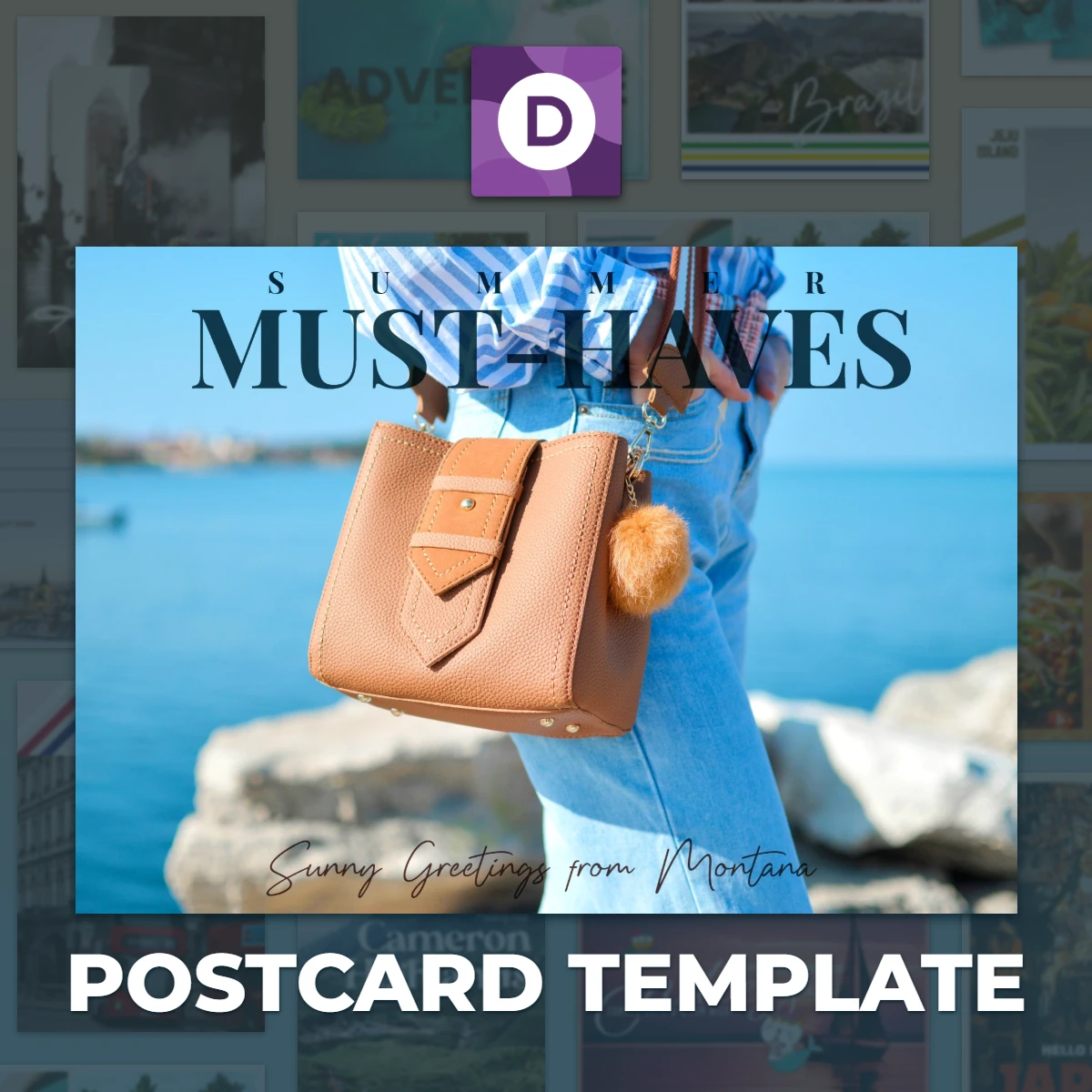 Summer Must Haves postcard template Tan handbag with fuzzy charm Blue jeans Water background Sunny Greetings from Montana text Purple Pixlr Designer logo