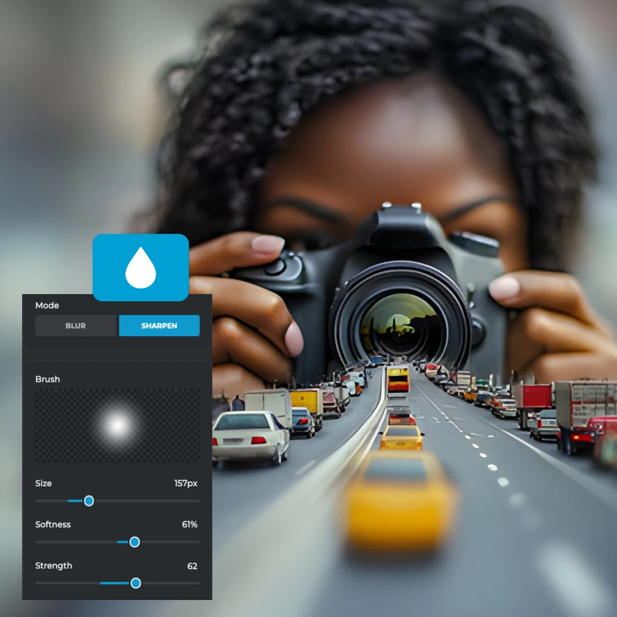 A photo editing interface with blur and sharpen options over a blurred highway scene.