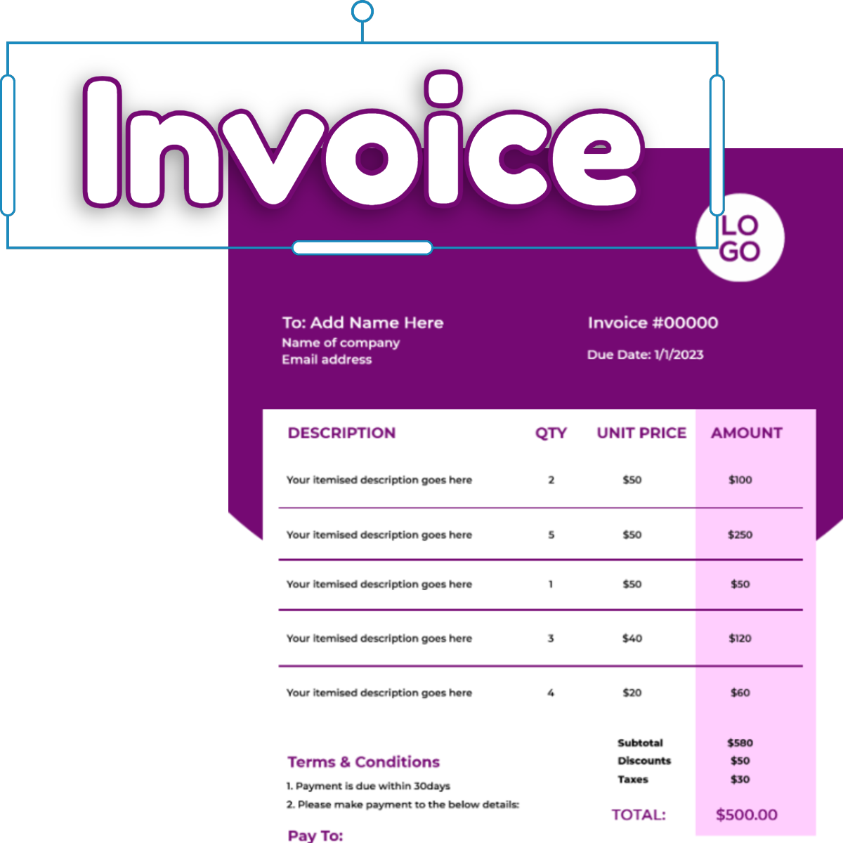 Invoice template with purple design. Large invoice title and logo placeholder. Itemized table for services with pricing. Terms and conditions section. Total amount displayed in pink section.