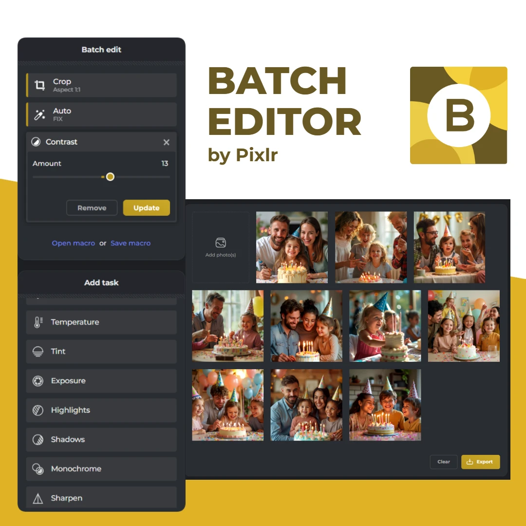 Screenshot of Batch Editor by Pixlr interface with photo editing options and multiple images displayed.