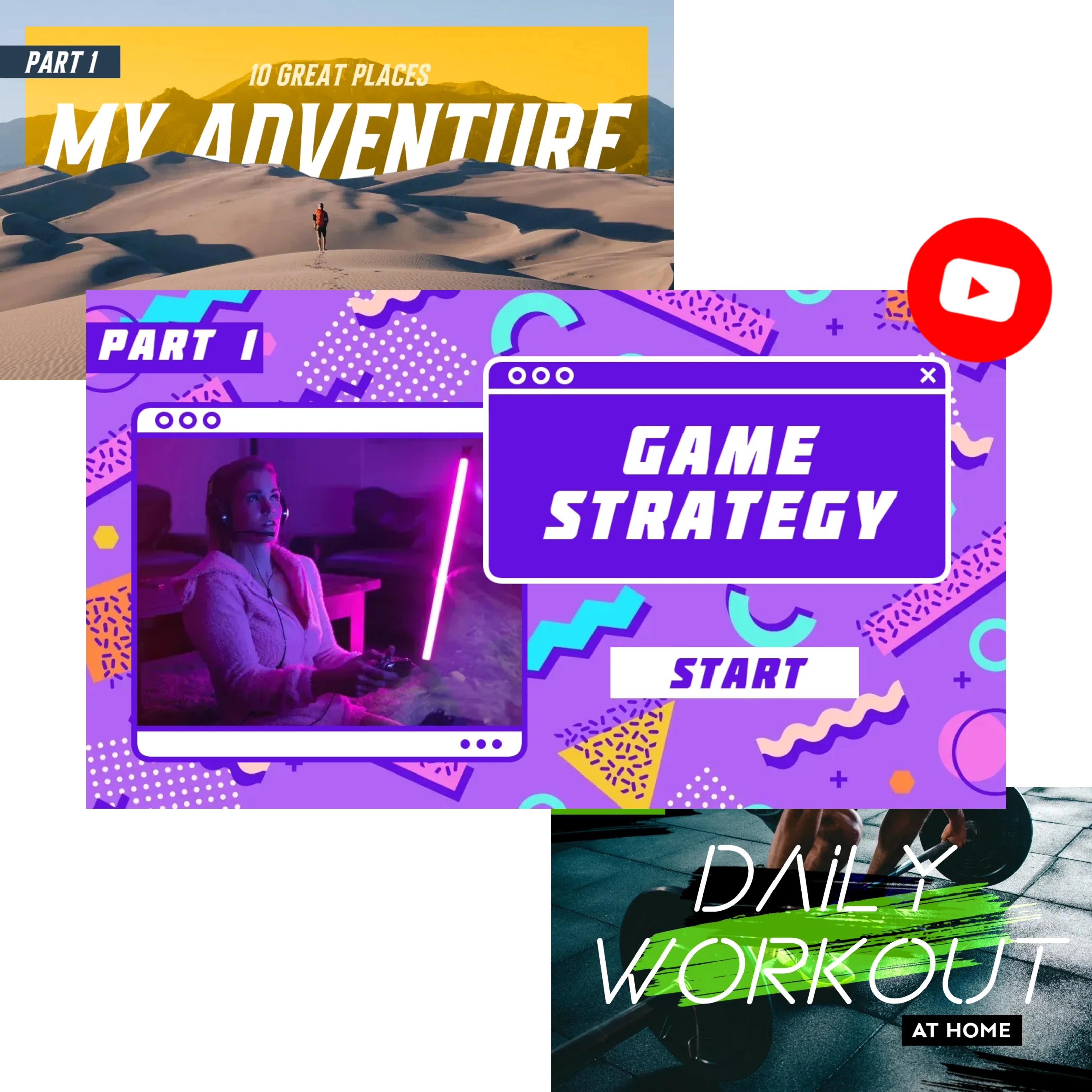 Collage of YouTube thumbnails Adventure in desert Game strategy with gamer girl Daily workout at home Vibrant colors and bold text Part 1 labels Diverse content
