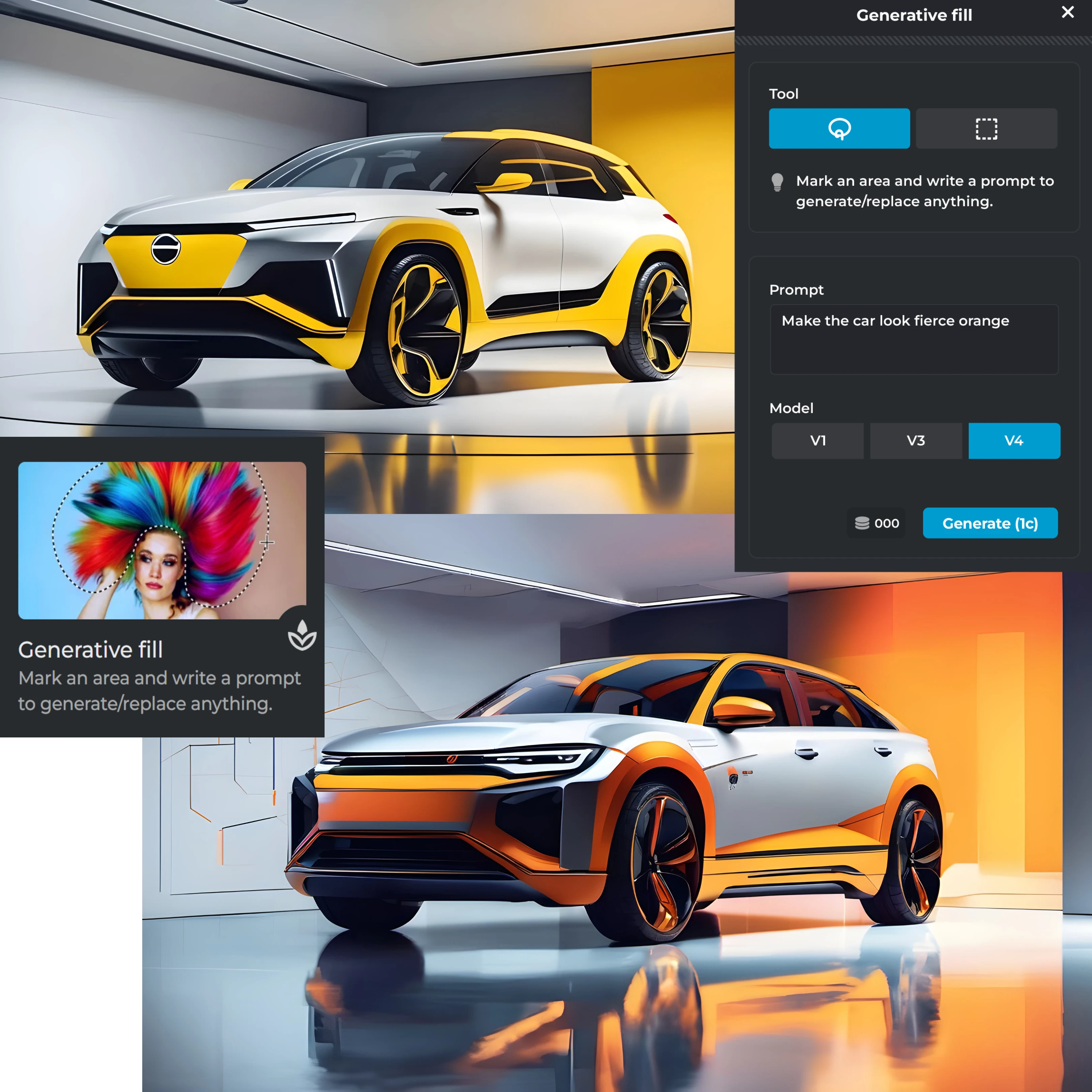 Futuristic car design interface Two concept cars yellow and orange Generative fill tool UI Colorful hair portrait Sleek studio setting Model V4 Generate button