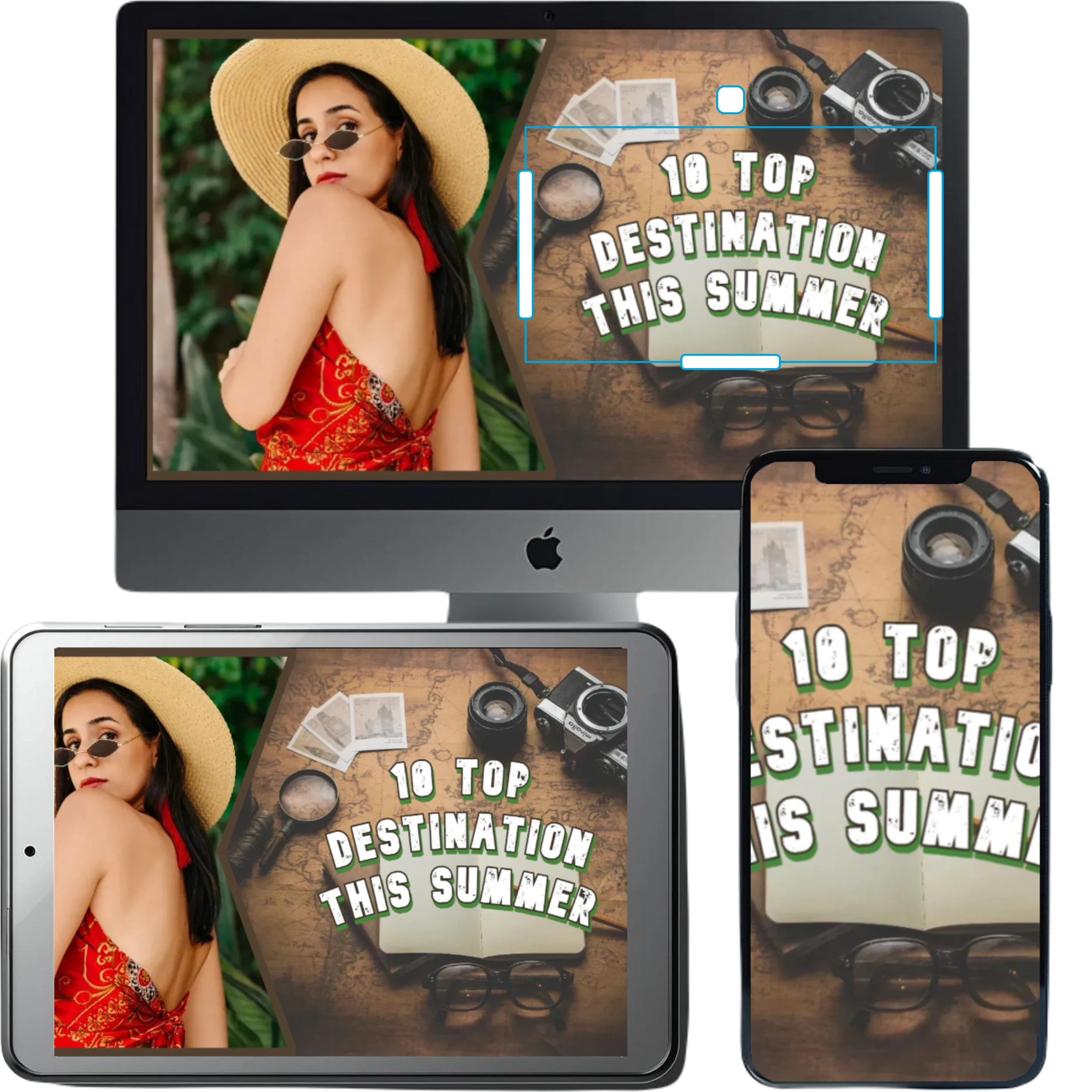 Multidevice display showing 10 Top Destination This Summer travel content Woman in red dress and sunhat Camera gear and map on wooden surface Apple devices